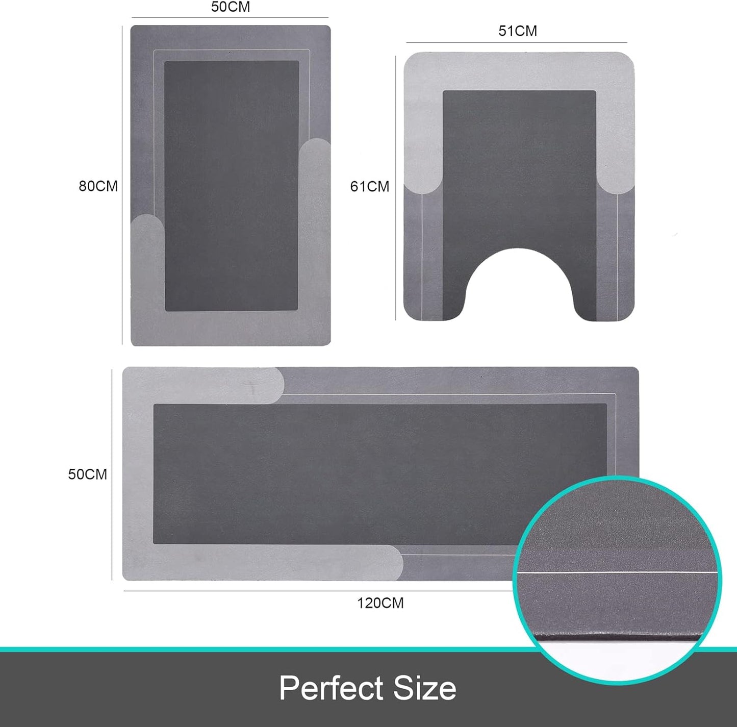 HelloTree 3PCS Bath Mat Rug Rubber Non Slip Quick Dry Rug Sets Super Absorbent Thin Bathroom Rugs Fit Under Door Grey Washable Bathroom Floor Mats for in Front of Bathtub, Shower Room, Sink