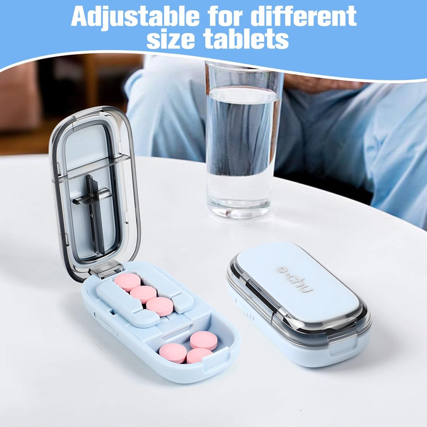 Pill Cutter Splitter for Small and Tiny Pills, Larger Pills, Echu Pill Cutter, Adjustable 1/2 1/4 Splitter with Improved Sharp Blade, Accurate Centering Alignment Device (Blue)