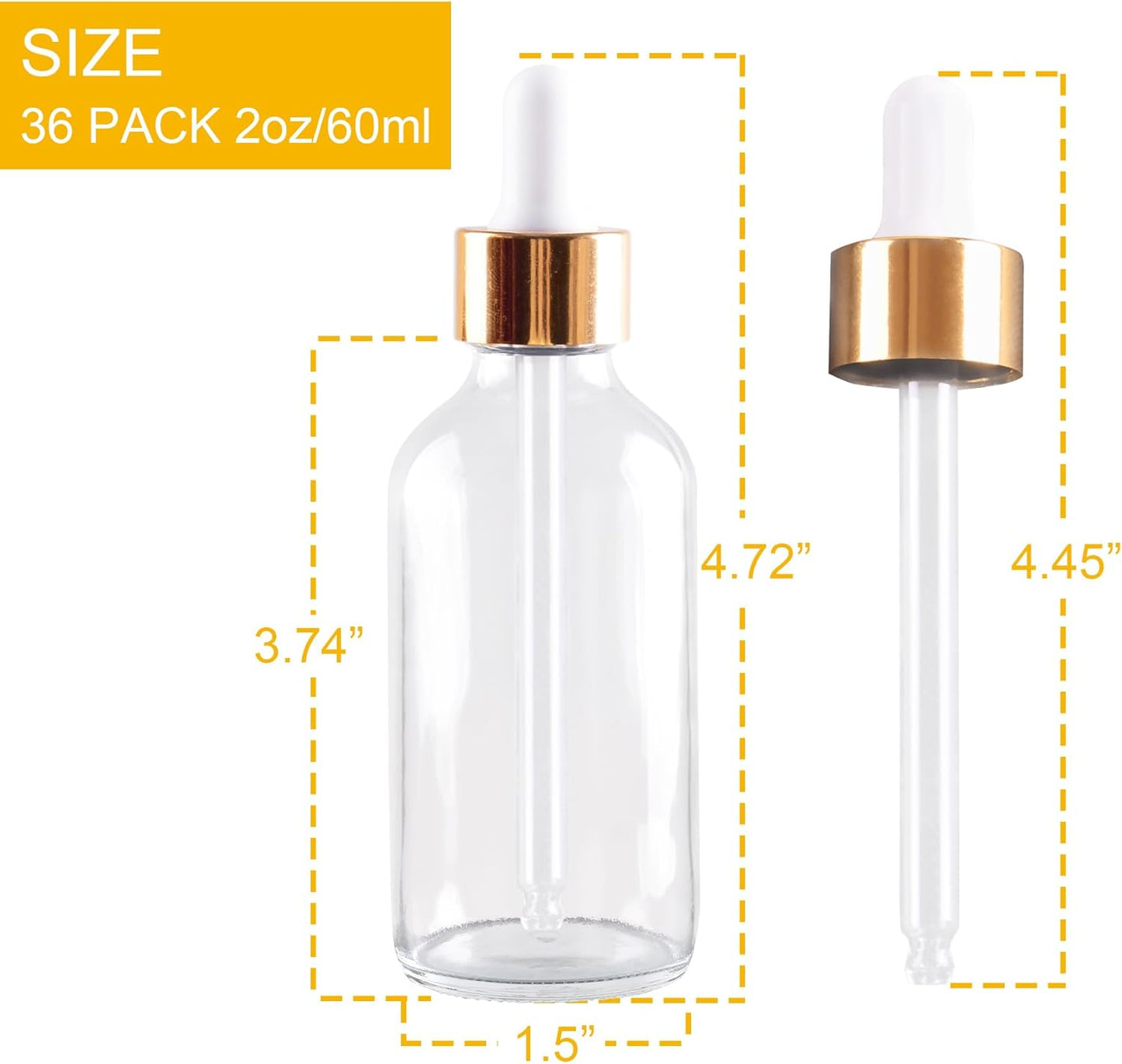 36 Pack 2oz Clear Glass Dropper Bottles, Glass Eye Dropper Bottles for Essential Oils, Perfumes, Laboratory Use (Gold, 2oz-36Pack)