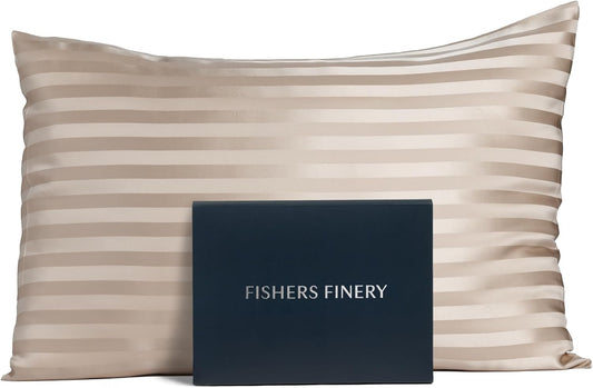 Fishers Finery 25mm 100% Pure Mulberry Silk Pillowcase (Taupe Stripe Standard)
