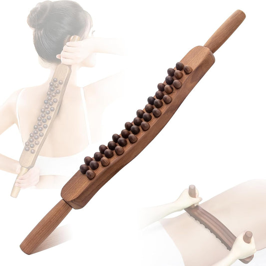 Guasha Wood Stick Tools Wooden Therapy Scraping Lymphatic Drainage Massager, Double Row 34 Beads Point Treatment Gua Sha Tools for Back Leg, Anti-Cellulite and Pain Relief(Two Row,34 Beads)
