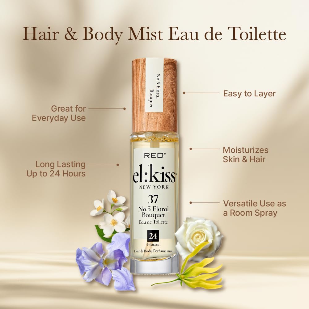 EL:KISS Hair Perfume & Body Mist, No 5 Floral Bouquet Inspired by No. 5 Eau de Toilette 30mL (1.01 Fl Oz), Hydrating & Long-Lasting, Alcohol & Mineral Oil-Free, Jojoba, Argan Oil & Aloe Vera