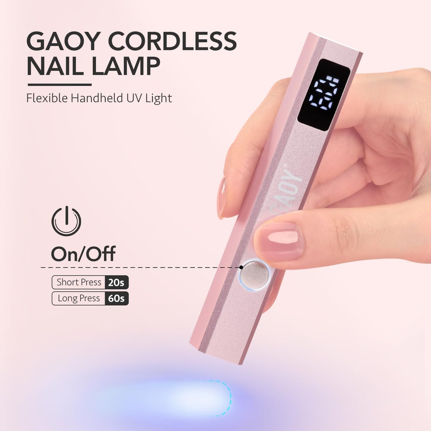 GAOY Cordless Nail Lamp with Stand, Mini Handheld UV Light with LCD Display for Gel Nails, Rechargeable USB Nail Dryer for Fast Curing, Rose Gold