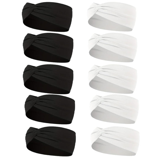 10 Pcs Wide Absorbent Sport Headbands for Women, Non-slip, Stretchy, Soft Cotton Twist Knotted Hair Bands for Daily Workout Yoga Running Sports (White & Black)