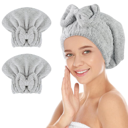 SUNLAND Large Microfiber Hair Drying Caps with Bow knot Fast Drying Shower Cap Soft and Absorbent hairWrap Hair Turban Bath Caps for Curly Thick and wet Hair 11 X 13.4 inch 2 Pack Grey