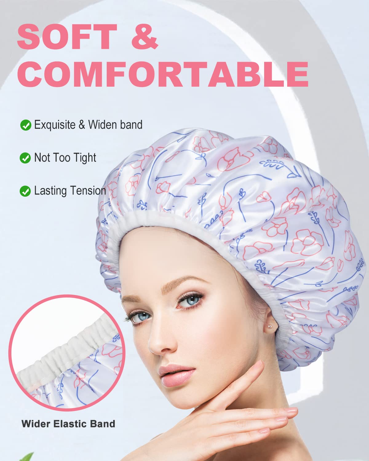 Shower Cap, Triple Layer Large Shower Cap for Women, Terry Cloth Lined Reusable Shower Caps for Long Thick Hair(Line Flower)