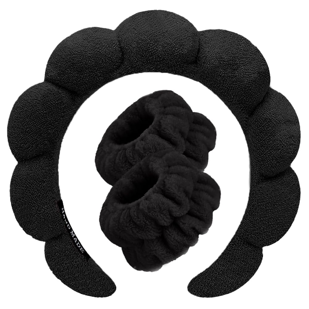 Spa Headbands for Washing Face Wristband Set Sponge Makeup Skincare Headband Wrist Towels Bubble Soft Terry Towel Cloth Hairband for Women Puffy Headwear Non Slip Thick Thin Hair Headwear (Black)