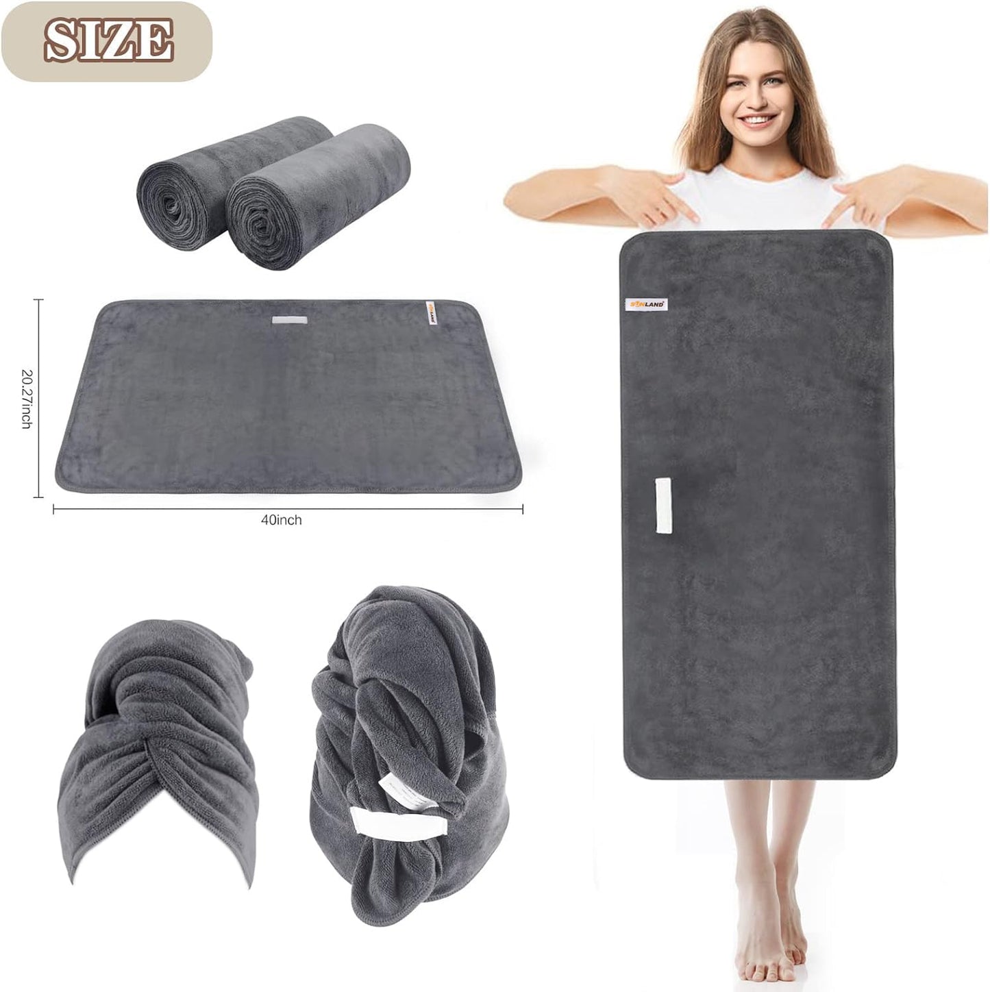 SUNLAND Microfiber Hair Towels Anti Frizz Hair Drying Towel Super Absorbent Fast Drying Turbans for Wet Curly Hair Soft Hair Towel Wrap with Elastic Band for All Hair Types 40 X 20 inches 2Pack Grey