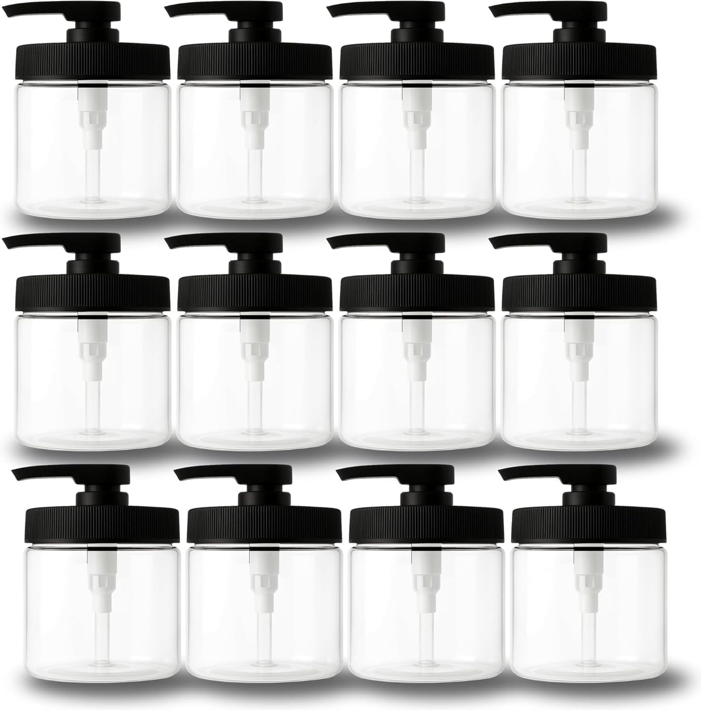 Royal Massage 16oz Refillable Pump Jar with Locking Dip Tube Dispenser – BPA-Free Plastic Container for Massage Oils, Lotions, Creams – Ribbed Lid Wide-Mouth Jar – Durable & Reusable (Clear/Black, 12)