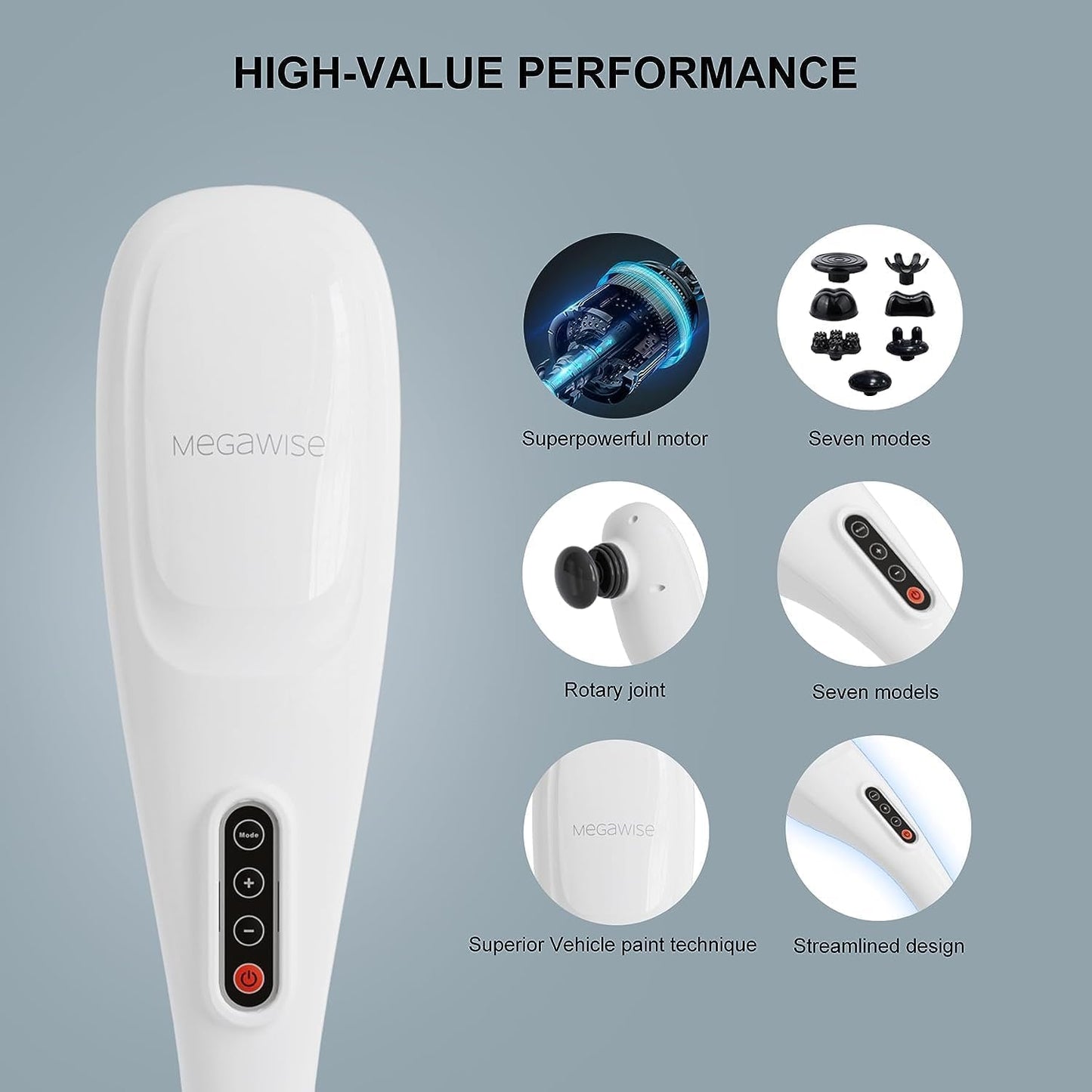 MEGAWISE Cordless Handheld Back Massager w/Rechargeable 3200mAh Battery, 5 Speed and 5 +2 Massage Nodes with Hard, Medium and 2 Soft Silicone Nodes; Massage While Moving Around (Pearl White)