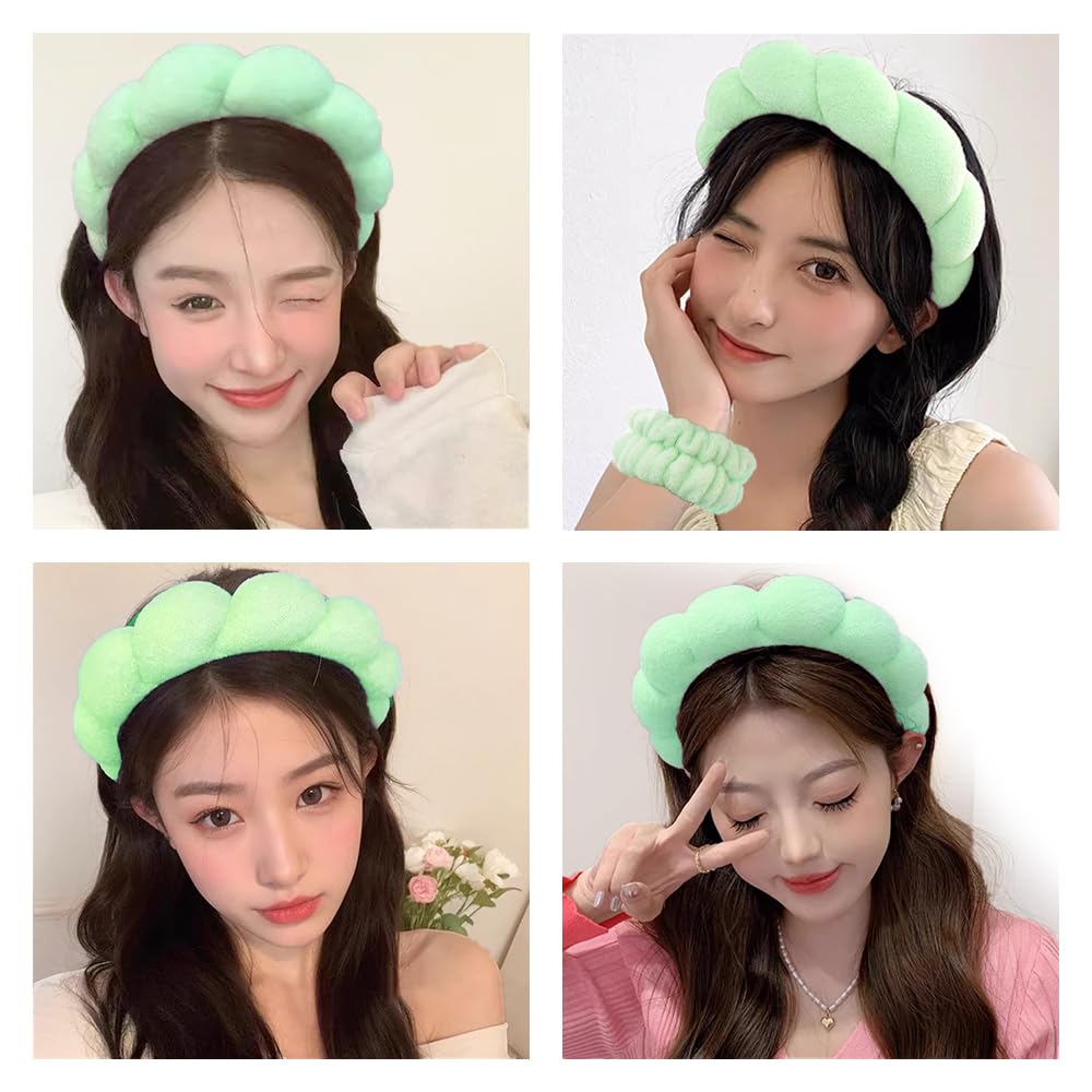 Spa Headbands for Washing Face Wristband Set Sponge Makeup Skincare Headband Wrist Towels Bubble Soft Terry Towel Cloth Hairband for Women Puffy Headwear Non Slip Thick Thin Hair Headwear (Green)