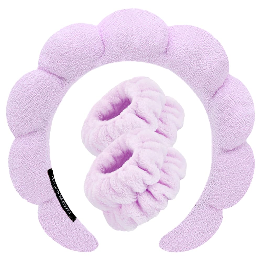 Spa Headbands for Washing Face Wristband Set Sponge Makeup Skincare Headband Wrist Towels Bubble Soft Terry Towel Cloth Hairband for Women Puffy Headwear Non Slip Thick Thin Hair Headwear (Lilac)