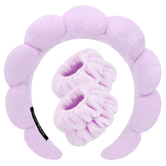 Spa Headbands for Washing Face Wristband Set Sponge Makeup Skincare Headband Wrist Towels Bubble Soft Terry Towel Cloth Hairband for Women Puffy Headwear Non Slip Thick Thin Hair Headwear (Lilac)