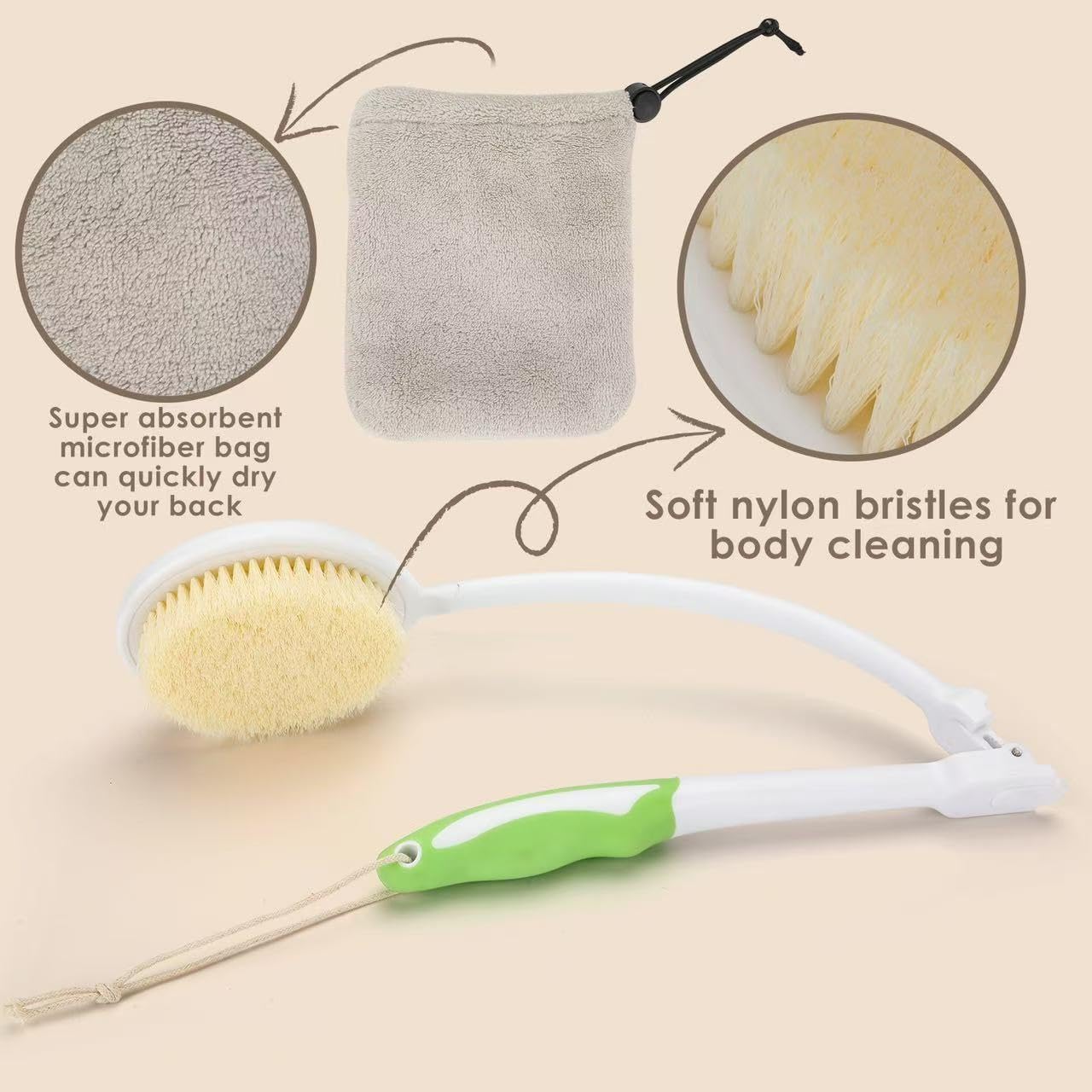 Back Scrubber Bath Brush for Shower Curved Long Handle, Foldable Handled Shower Body Brush Whith Absorbent Microfiber Bag Can Quickly Dry Your Back