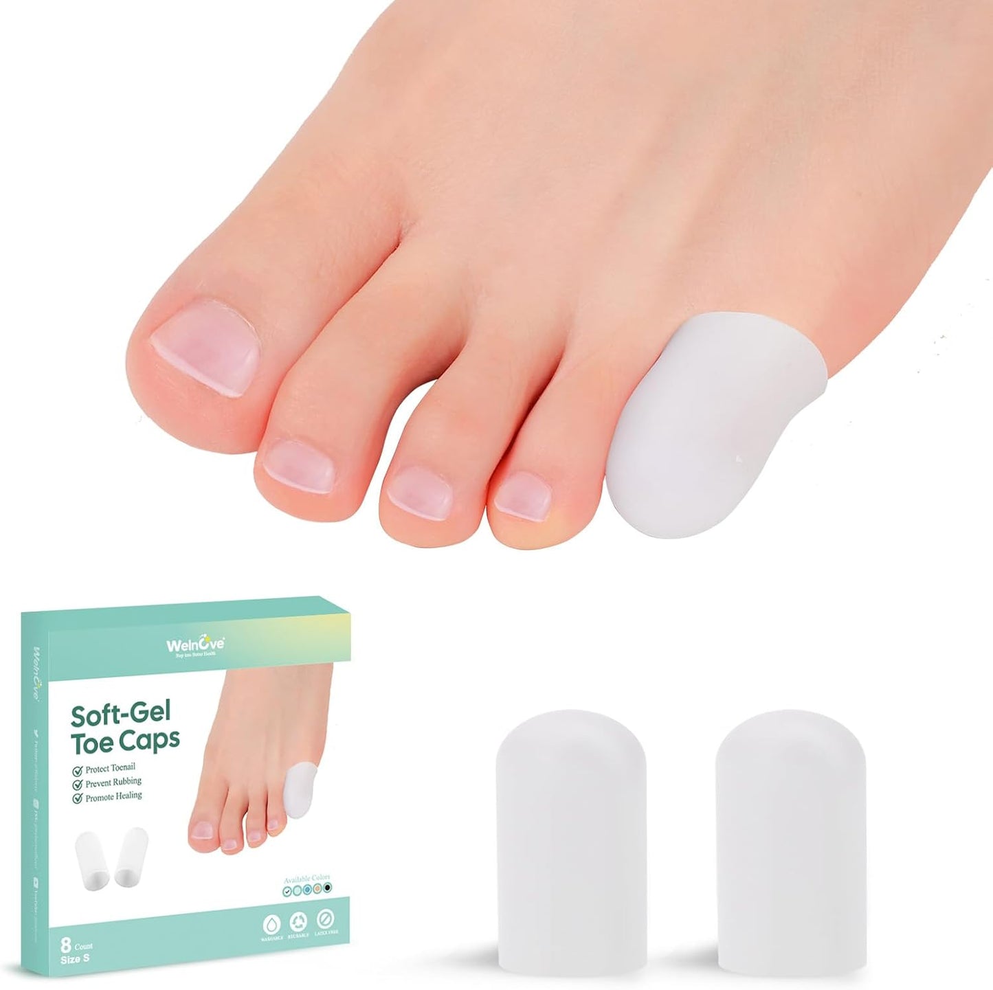 Welnove Gel Toe Cap and Protector - Silicone Toe Covers - Toe Cushions for Pain Relief, Missing or Ingrown Toenails, Corns, Calluses, Blisters (8 Small, White)