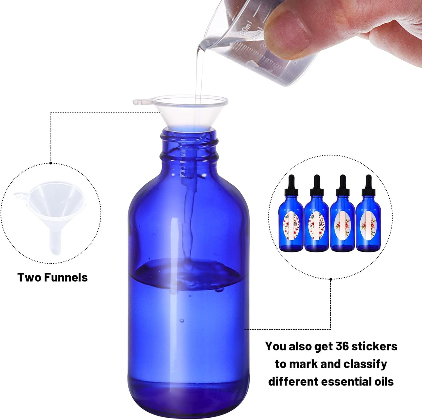 24 Pack 4oz Cobalt Blue Glass Bottles with Glass Eye Droppers for Essential Oils, Perfumes & Lab Chemicals (2 Brushes, 2 Funnels, 2 Extra Droppers, 36 Pieces Labels & Measuring Cup Included)