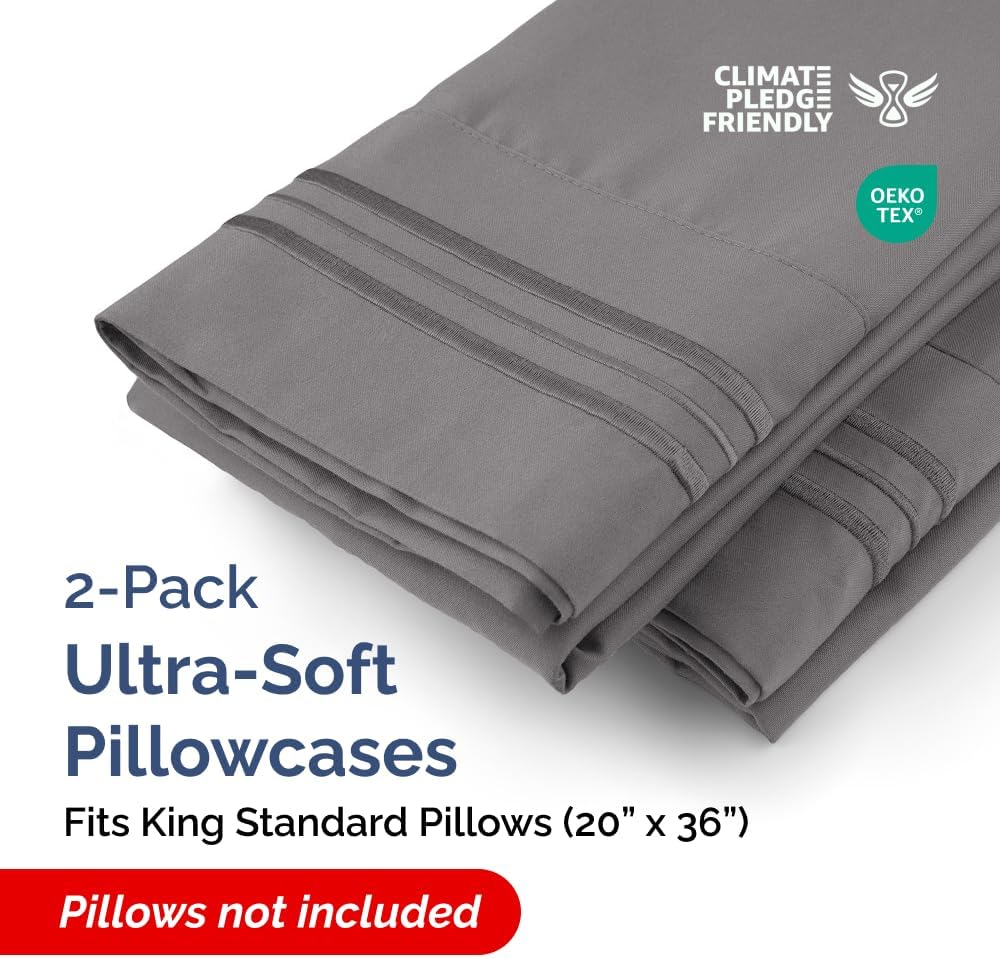 King Standard Pillow Cases Set of 2 - Soft Hotel Quality Pillowcase Covers - Comfy, Cozy & Fade Free - Wrinkle Resistant - Machine Washable Pillow Protectors - 2 Piece Set - King Standard Dark Grey