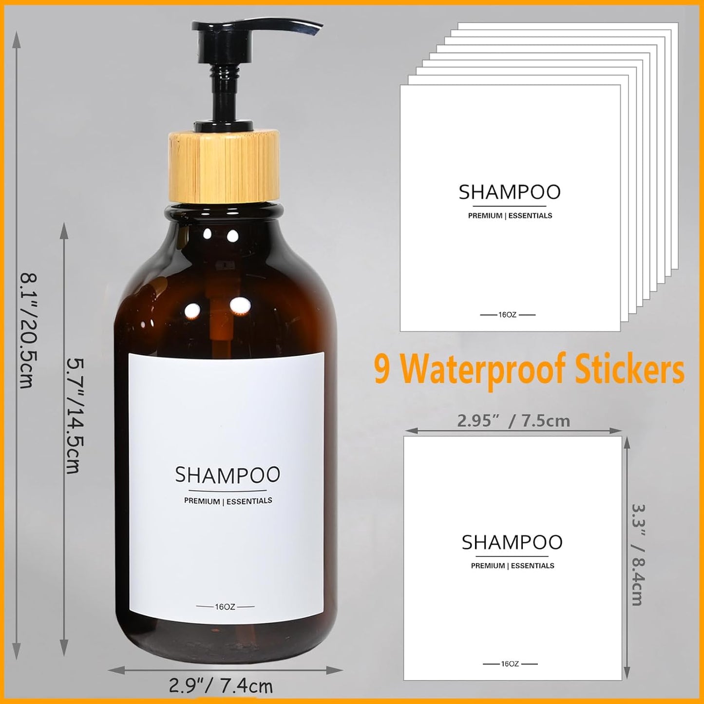 Shower Shampoo and Conditioner Bottles, Apothecary Dispenser Bamboo Pump, Refillable Bottles for Lotion Oil Hand Soap and Dish Soap, Plastic Set (3 Bottles 9 Labels) (3, Amber)