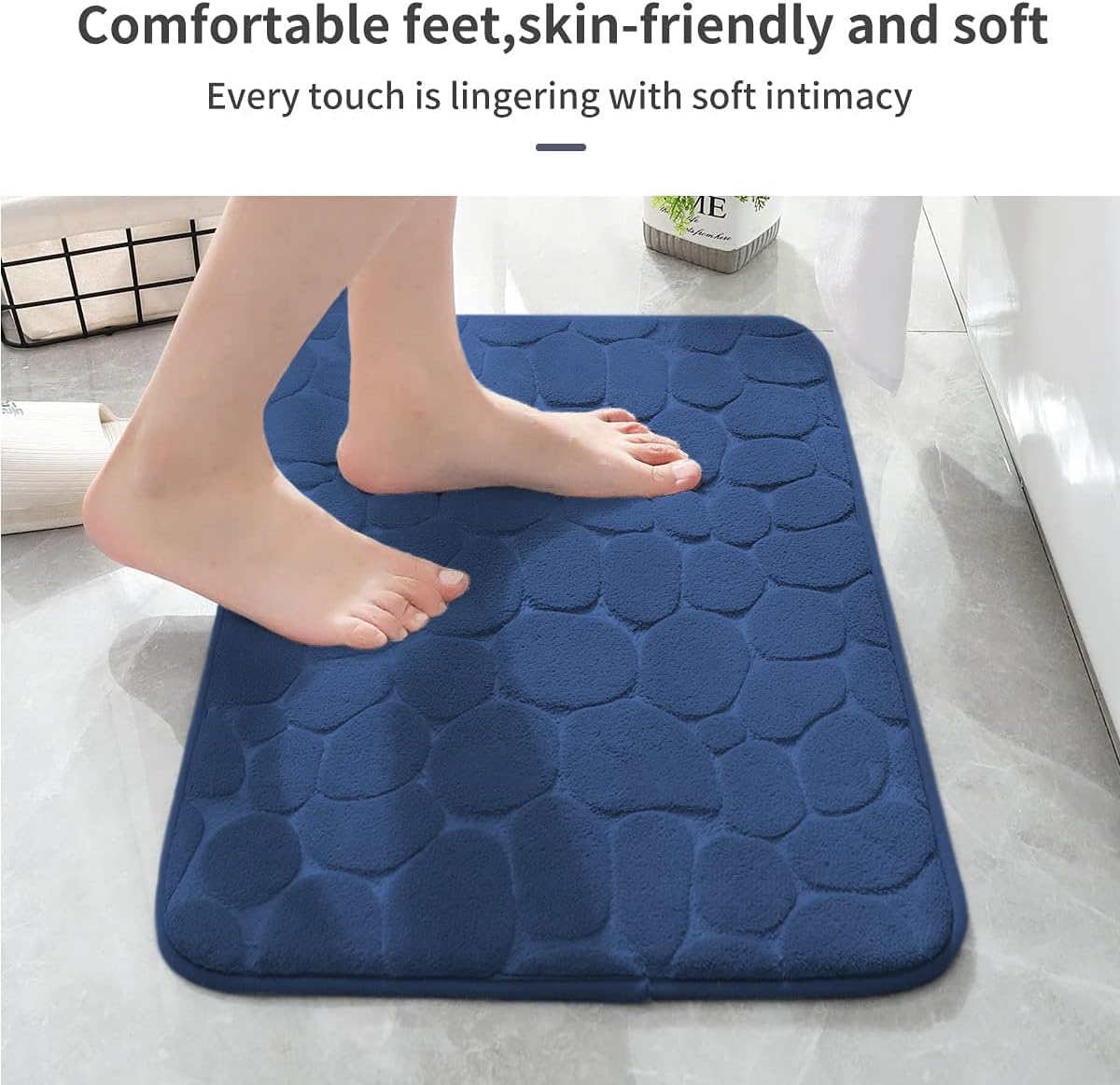 YIHOUSE Memory Foam Bath Mat Cobblestone Bathroom Rugs Super Water Absorbent Bath Mats for Bathroom Machine Washable Bath Rugs(24 x 36,Dark Blue)