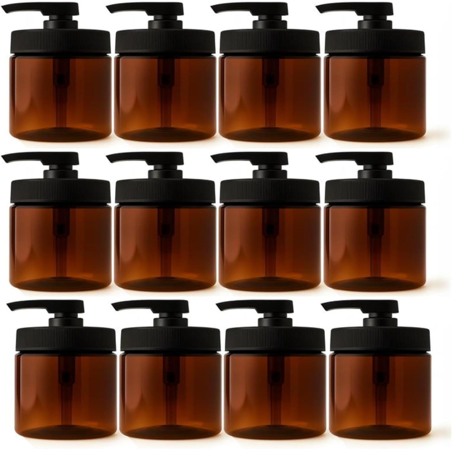 Royal Massage 16oz Refillable Pump Jar with Locking Dip Tube Dispenser – BPA-Free Plastic Container for Massage Oils, Lotions, Creams – Ribbed Lid Wide-Mouth Jar – Durable & Reusable (Amber/Black, 12)