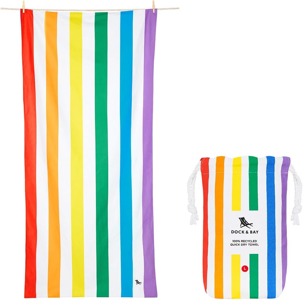 Dock & Bay Beach Towel - Quick Dry, Sand Free - Compact, Lightweight - 100% Recycled - Includes Bag - Rainbow Shores - Set of 6 - Large (160x90cm, 63x35)