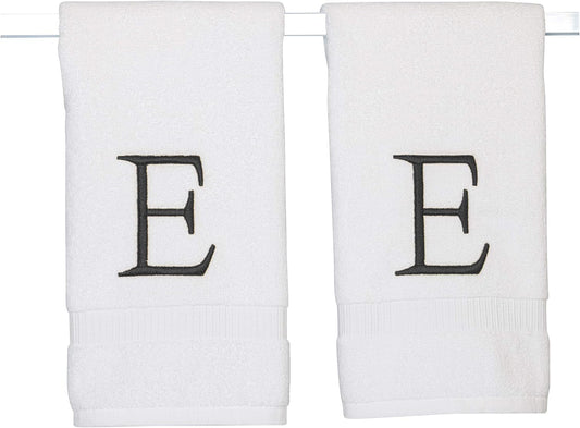 Dark Gray Monogram Hand Towel for Bathroom - Monogrammed Initial Hotel Quality Decorative Embroidered Luxury Towel for Powder Room, Spa - GOTS Organic Certified - Pack of 2, Letter E