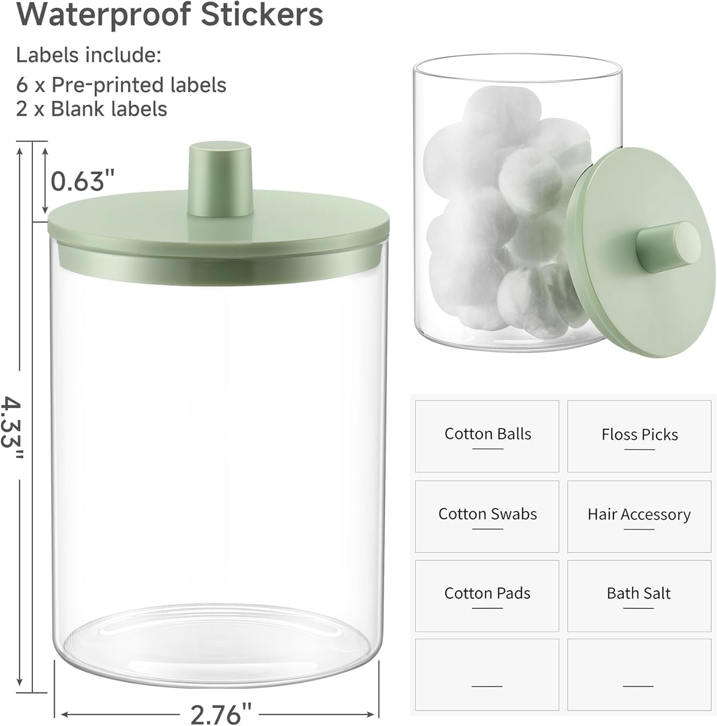 TIPGO Glass Qtip Holder Dispenser for Bathroom - 10 oz Clear Canister Apothecary Jar for Cotton Swabs, Balls, Pads, Floss Picks, Small Containers for Makeup Storage Organizer (2 Pack, Green)