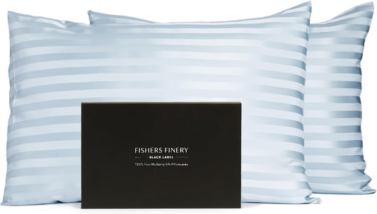 Fishers Finery 30mm 100% Pure Mulberry Silk Pillowcase Set, Quality Tested (Blue Stripe, Standard, 2 Pack)
