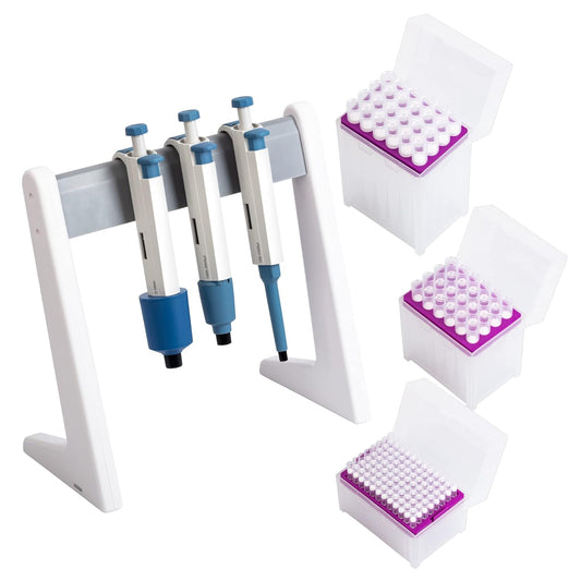3 Micropipette kit,Adjustable Single Channel Pipette, 100-1000ul 1000-5000ul,2-10ml Pipette Stand, 3 Racks of sterile Pipette Tips,144 Tips