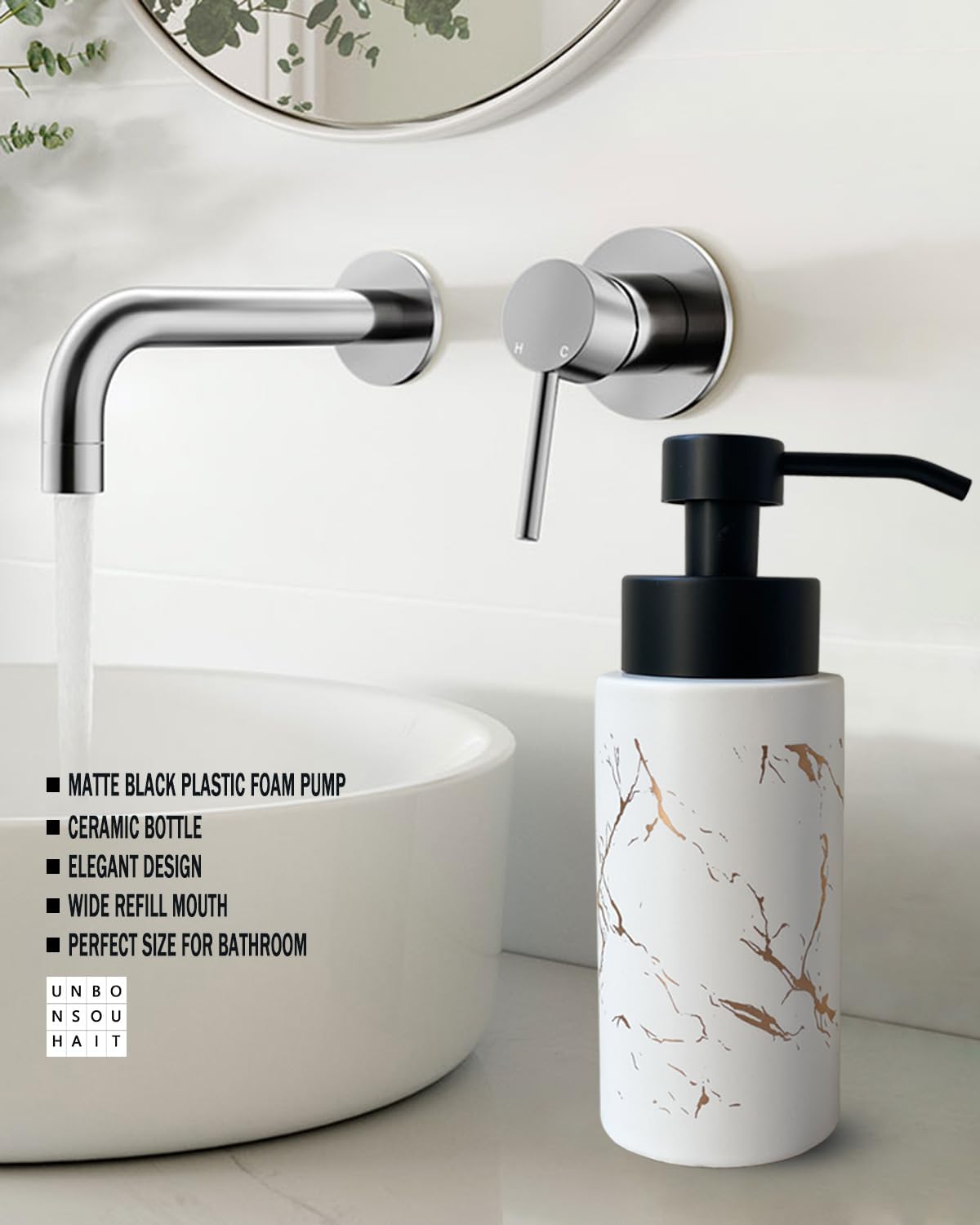 9.5 Oz Foaming Soap Dispenser for Bathroom,Kitchen Foam Soap Dispenser,Refillable Modern Foam Pump Bottle,Black Ceramic Foaming Hand Pump Dispenser (White Marble)