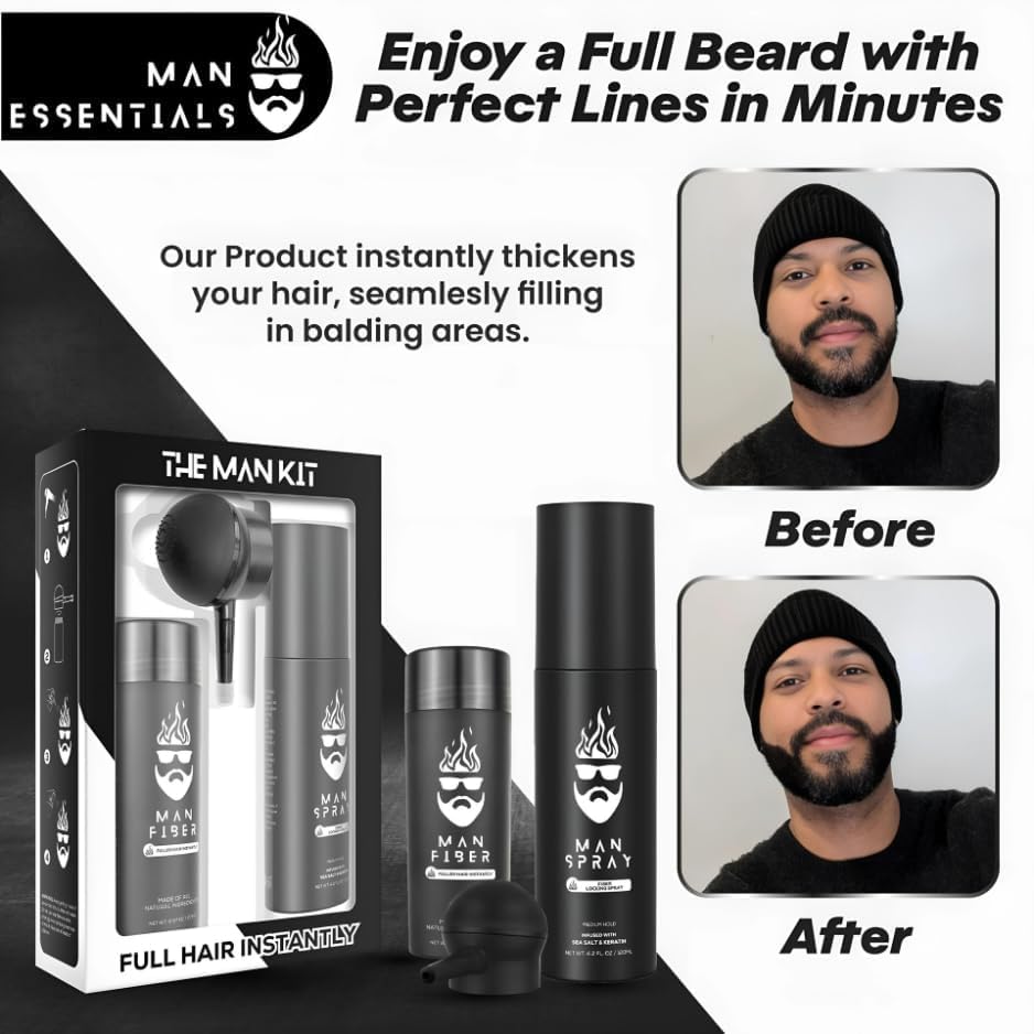 Hair Thickening Fibers (Black), Hair Fiber Locking Spray + Applicator Fiber Pump to create Natural looking Fuller Hair and Beard | Man Card Included | Hair Set by the THE MAN KIT