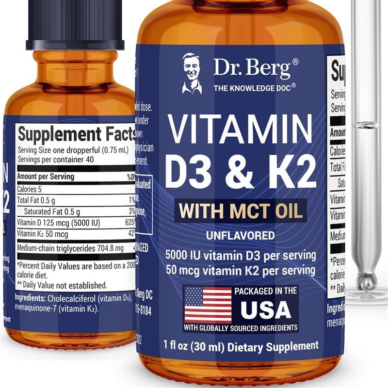 Dr. Berg Maximum Strength Vitamin D3 K2 Liquid Drops with MCT Oil – 5,000 IU Liquid Vitamin D3 with K2 – Supports Strong Bones, Heart, Energy, Immunity, and Overall Vitality* - Unflavored 1 Fl Oz