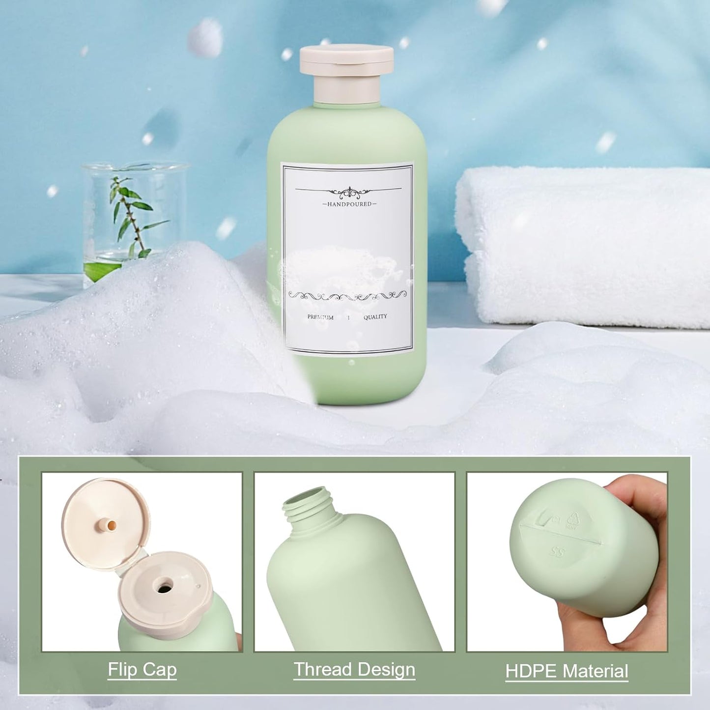 10oz Travel Shampoo Bottle, Empty Plastic Squeeze Bottles with Flip Cap, Lotion Container for Toiletries Travel Size Shampoo and Conditioner (3 pack green)