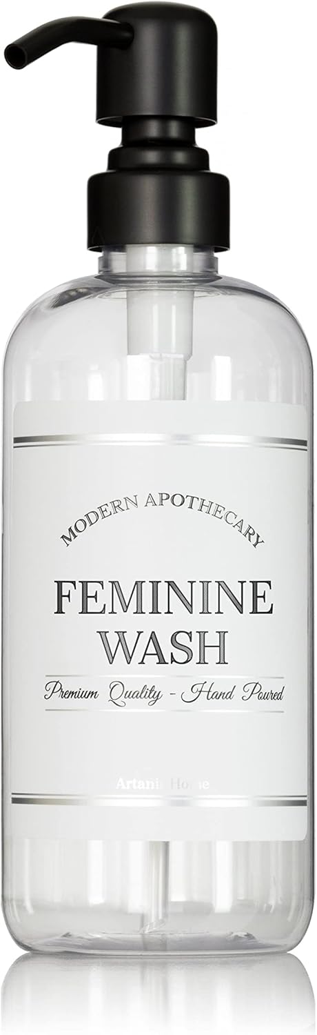 Refillable Clear PET Plastic 16 oz Feminine Wash Bottle with Black Satin Pump Dispenser - Chrome Accent Waterproof Labeled Bottle
