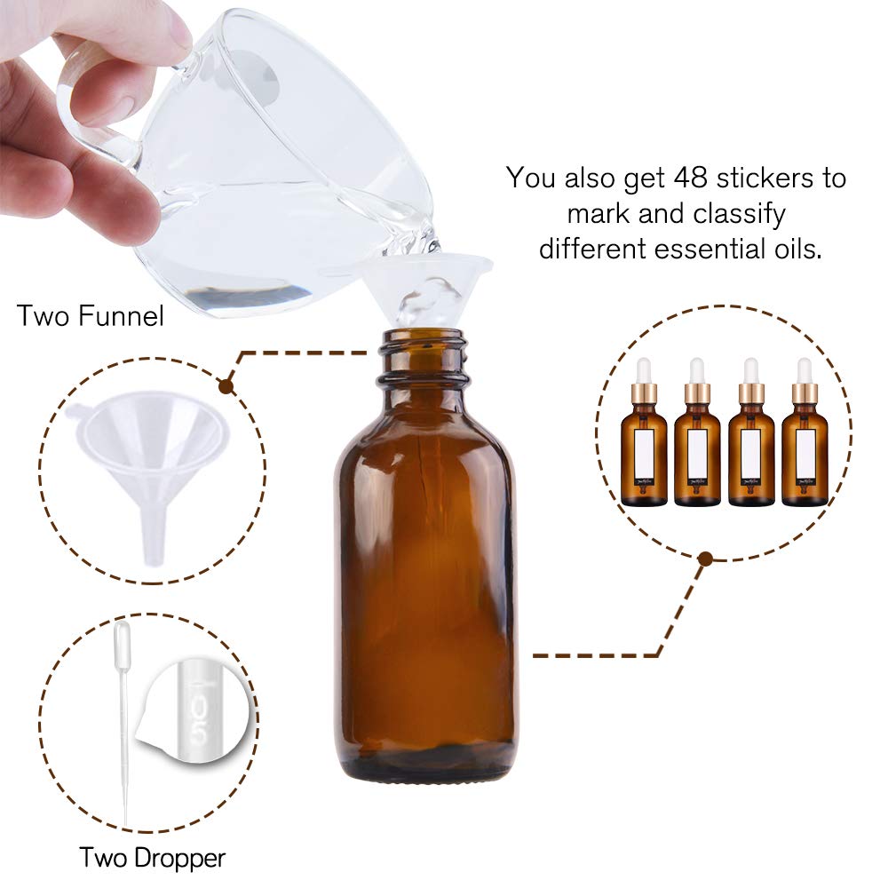PrettyCare 1oz Glass Dropper Bottle Set of 24, Thick Amber Empty Bottles with Leakproof Golden Caps, Labels, Funnels - 30ml Eye Dropper Bottles for Storage, Essential Oils, Tincture