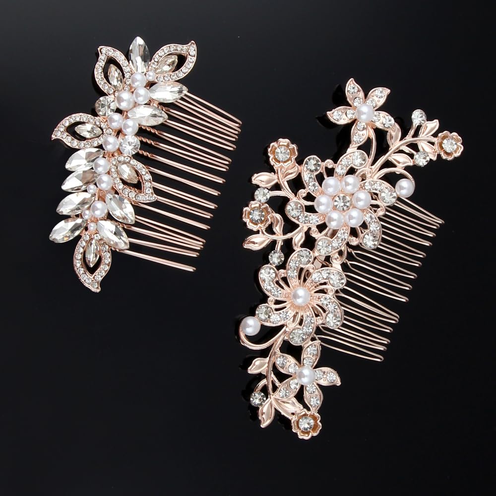 2pcs rose gold wedding hair comb set, crystal pearl floral design, bride hair accessories for ladies