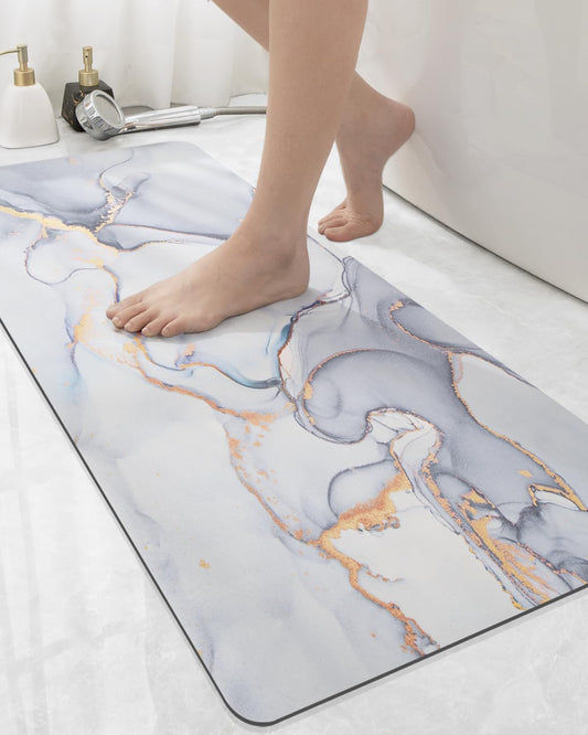 DEXI Bathroom Mat Ultra Thin, Non Slip Bath Rug for Shower Floor, Absorbent Quick Dry Marble Bathmats Low Profile, 17x43, Light Grey
