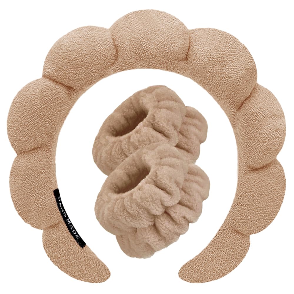 Spa Headbands for Washing Face Wristband Set Sponge Makeup Skincare Headband Wrist Towels Bubble Soft Terry Towel Cloth Hairband for Women Puffy Headwear Non Slip Thick Thin Hair Headwear (Coffee)