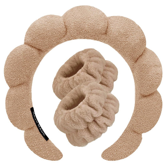 Spa Headbands for Washing Face Wristband Set Sponge Makeup Skincare Headband Wrist Towels Bubble Soft Terry Towel Cloth Hairband for Women Puffy Headwear Non Slip Thick Thin Hair Headwear (Coffee)