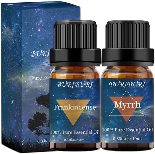 BURIBURI Frankincense Oil and Myrrh Essential Oils Gift Set, 100% Pure, Natural, Organic Aromatherapy Frankincense Fragrance Oils for Diffuser, Massage - 2 x 10ML