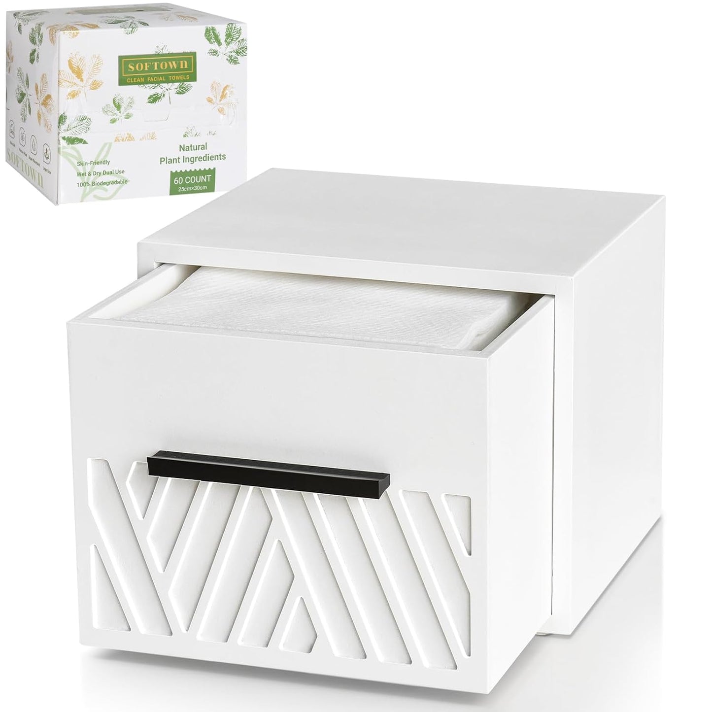 Disposable Face Towels XL with Luxe Wood Drawer Organizer, Face Towelettes Disposable 60 Count, 100% Cotton Facial Towel, Makeup Remover Cloth and Facial Wash Dry Wipes, Face Towel Holder Drawer