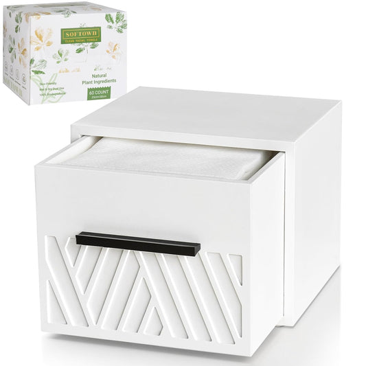 Disposable Face Towels XL with Luxe Wood Drawer Organizer, Face Towelettes Disposable 60 Count, 100% Cotton Facial Towel, Makeup Remover Cloth and Facial Wash Dry Wipes, Face Towel Holder Drawer