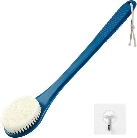 Back Scrubber for Shower, Shower Body Brush for Cleaning with Long Handle for Showering, 17 Inch Back Washer Exfoliator for Shower Men Women with Non-Slip Handle, Adhesive Hook (Navy Blue)