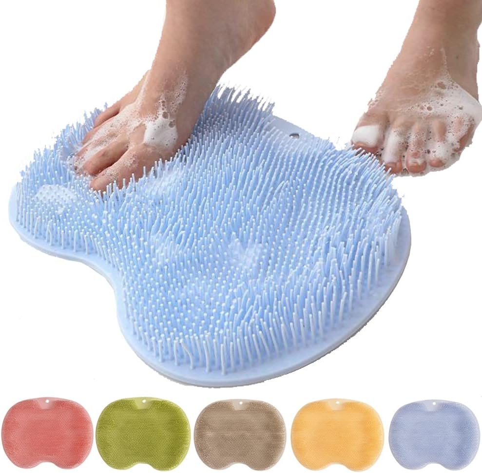 Silicone Shower Foot Scrubber Mat, Upgraded Wall Mounted Slip Suction Cups Foot Scrubber Cleaner, 2025 New Foot Back Cleaning Pad Back Washer Back Exfoliating Bath Wash Pad (Blue)
