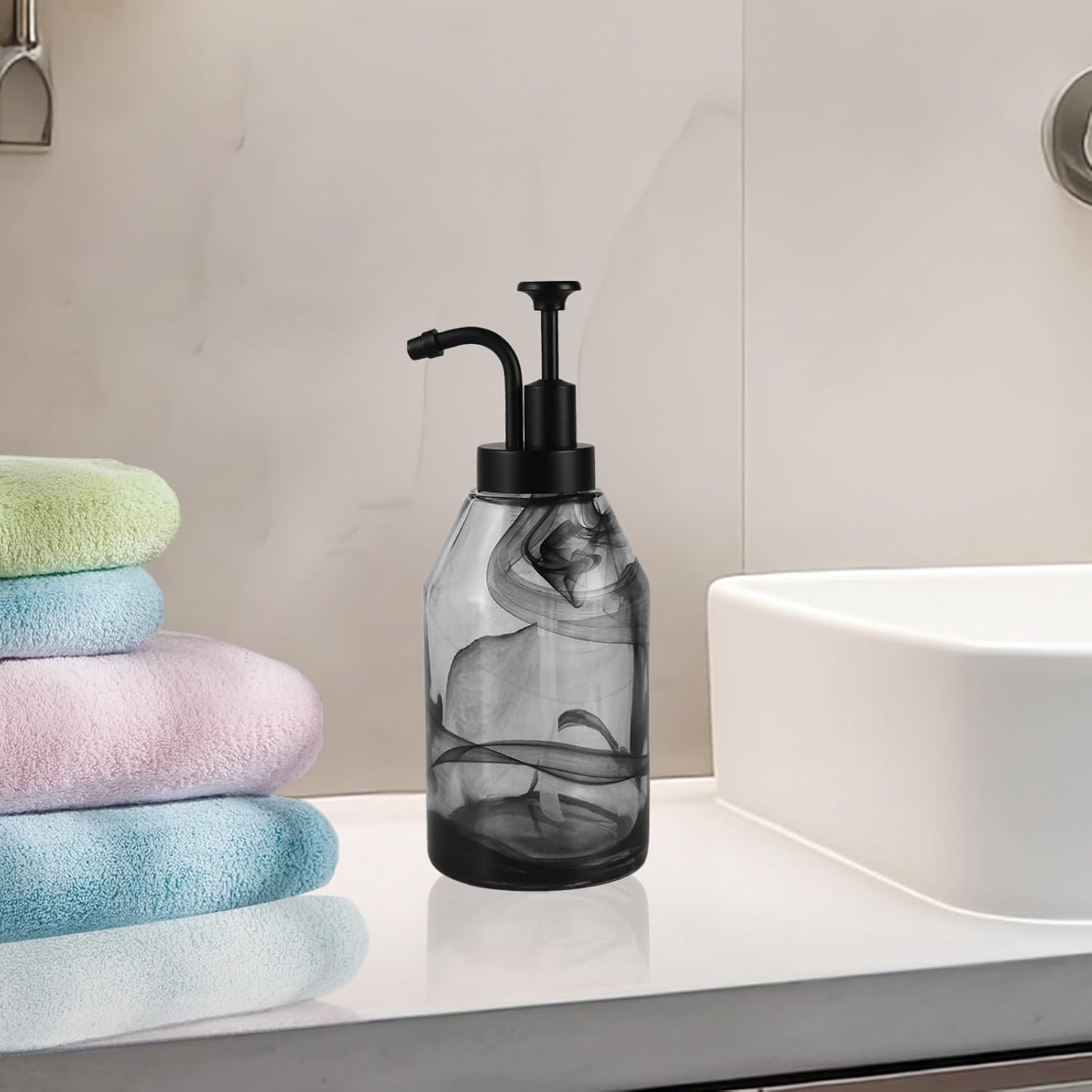 Thick Glass Black Marble Soap Dispenser with Matte Black Pump,Decorative Liquid Hand Dish Soap Dispenser for Bathroom and Kitchen,Luxury Dispenser for Coffee Syrup,Lotion,Essential Oil