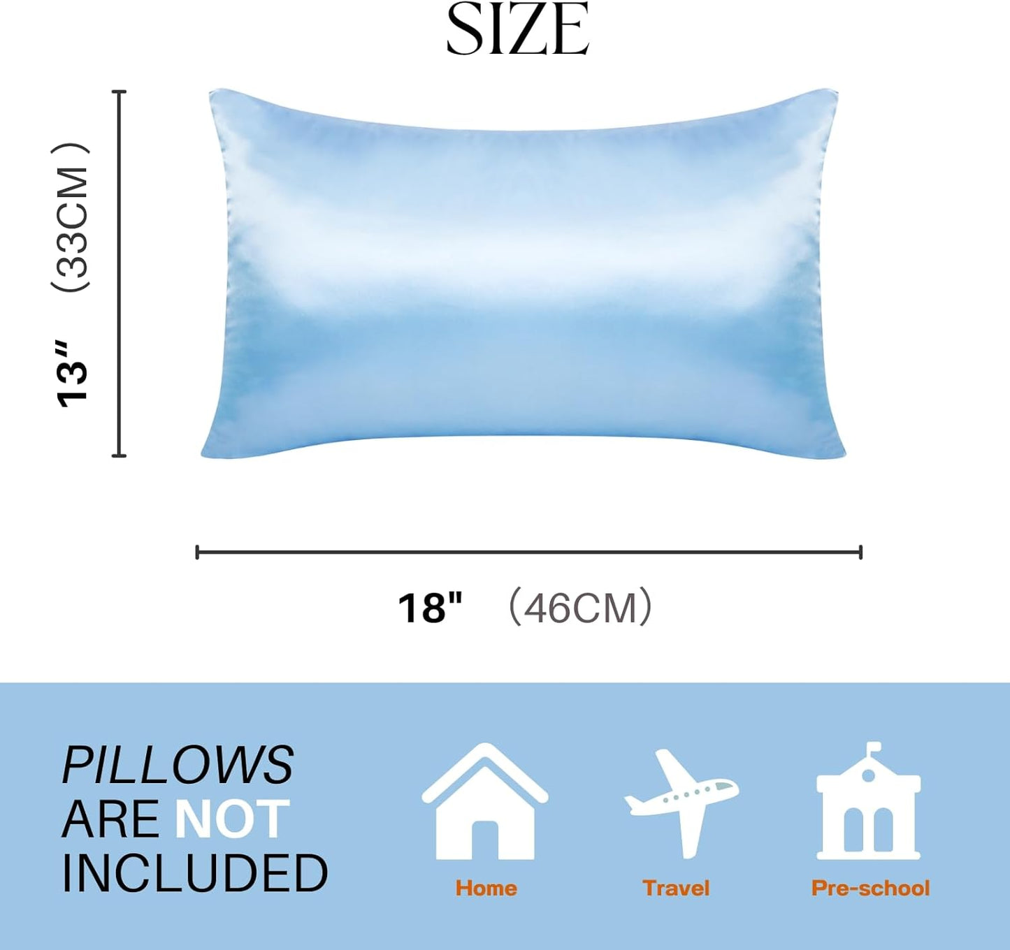 Silky Satin Toddler Pillowcases Set of 2, Super Soft Travel Pillow Covers, Small Kids Pillow Cases with Envelope Closure, 13"x 18", Light Blue