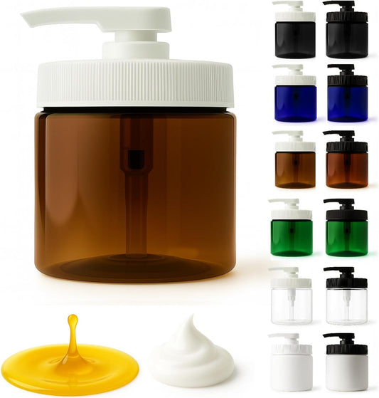 Royal Massage 16oz Refillable Pump Jar with Locking Dip Tube Dispenser – BPA-Free Plastic Container for Massage Oils, Lotions, Creams – Ribbed Lid Wide-Mouth Jar – Durable & Reusable (1, Amber/White)