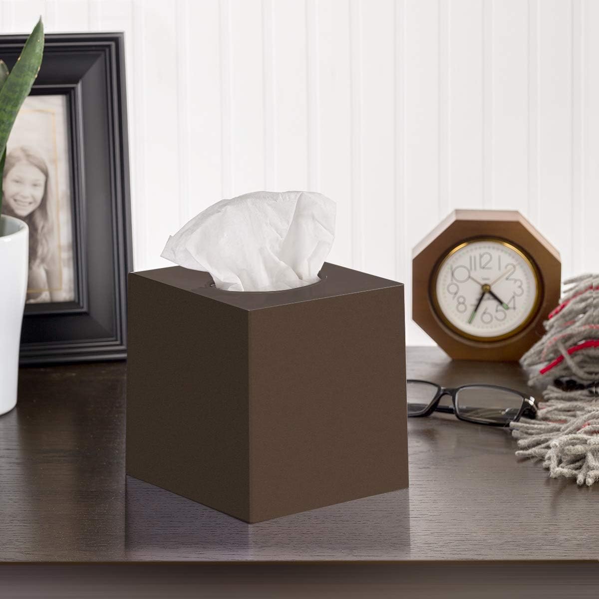 Brown Tissue Box Cover Square - Plastic Facial Tissue Box Holder - Decorative Cube Tissue Holder Dispenser Fits Any Vanity Countertop, Bedroom Dresser, Office, Bathroom Decor