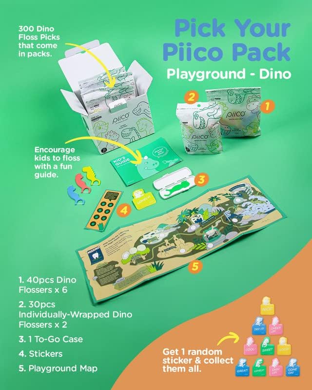 Piico Unflavored Kids Floss - No Fluoride Dual Line Dental Floss Picks - Fun Oral Care in Colorful Floss Sticks Design - Flossers Prevent Tooth Decay & Gum Disease - 300 Playground Dino & Travel Case