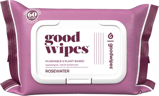 Goodwipes Flushable Butt Wipes Made with Vitamin E & Aloe – Soft & Gentle Wet Wipe Dispenser for Home Use, Septic & Sewer Safe – Largest Adult Toilet Wipes – Rosewater, 60 Count